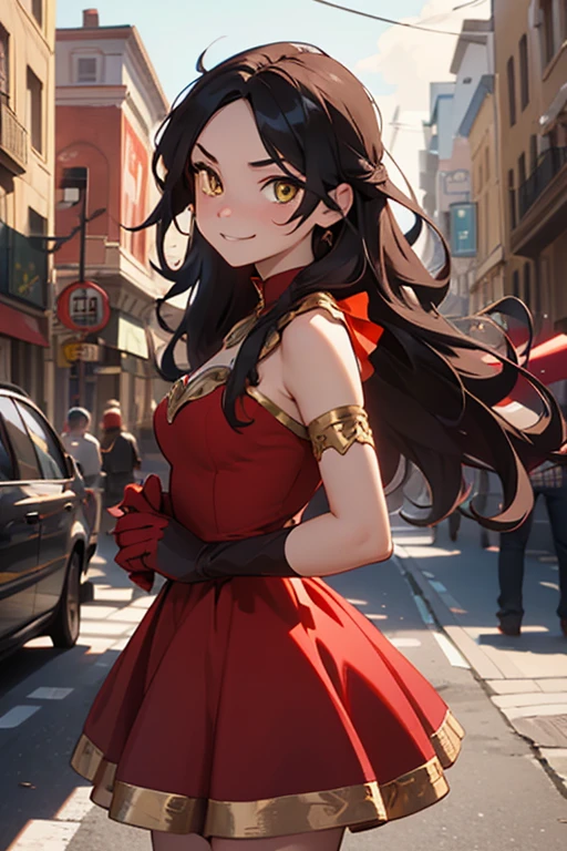 (masterpiece, best quality:1.2), cowboy shot, solo, 1girl, cinder fall, yellow eyes, evil smile, looking at viewer, long hair, red dress with gold trim, elbow gloves, on busy street