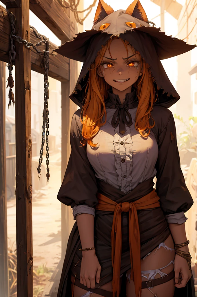 Old, dirty scarecrow costume with a long, torn brown cape that has large tears. The scarecrow is wearing an old, tattered hood with holes that reveal large, orange glowing eyes. The scarecrow's mouth is sewn shut, but its lips are curled into a wide, evil grin that reveals its glowing, orange teeth. The scarecrow has long hair that's matted and dirty, and it's wearing several chains wrapped around its waist. There are also ropes that hang around the scarecrow's neck.