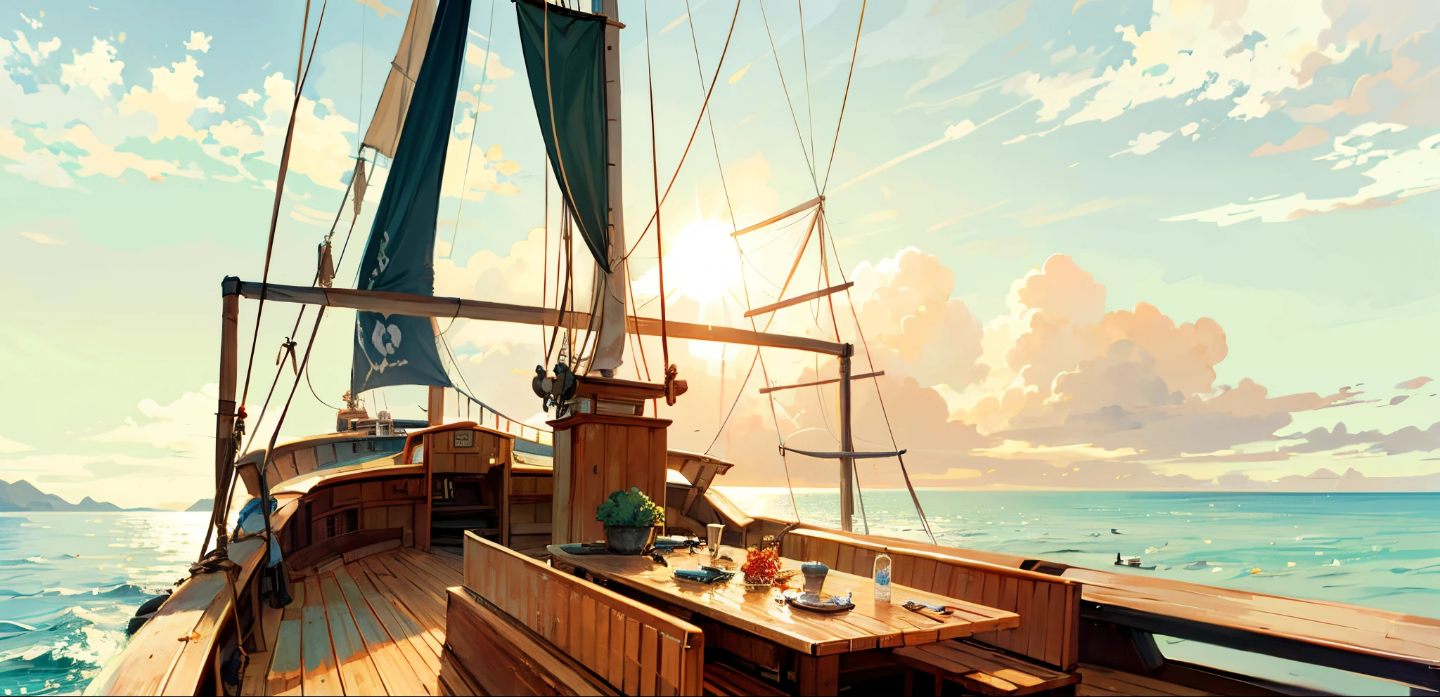 pirate ships, Local, the detail, day, Scavenging, at noon, ((and the sun was shining brightly)), at noon, bow detail, Boat,vessels, the ocean, Boat, ((cloud)), ((blue-sky)), Boat, scenecy, Outdoor sports, That bird, Eau, horizon, without humans, Raging sea, suns