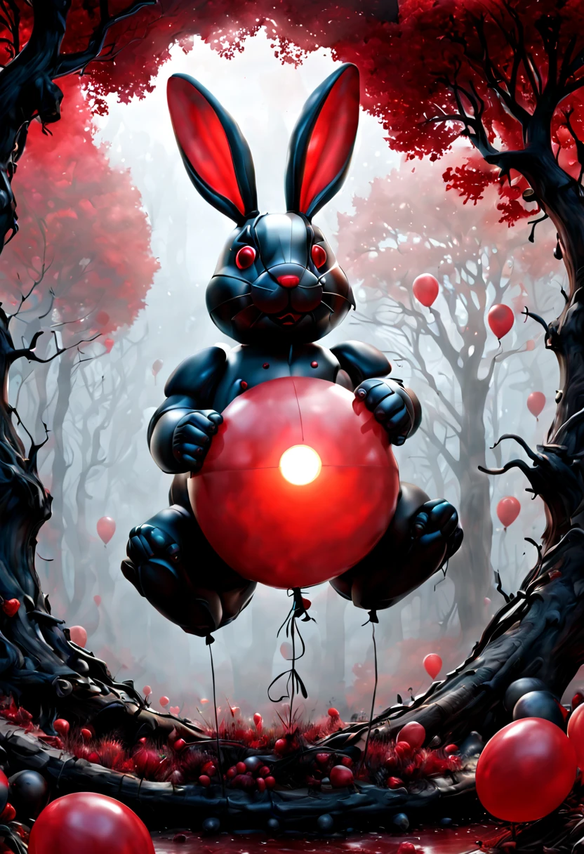 (red theme, dark art), (balloon sculpture, exaggerate fatness Rabbit:1.4), (Round body, body made of balloon, balloon shape body), red moon, forest, inconceivable Bloated, surrealistic, fantasy art, dark fantasy, concept art, ultra-wide-angle, octane render, enhance, intricate, (best quality, masterpiece, Representative work, official art, Professional, unity 8k wallpaper:1.3)