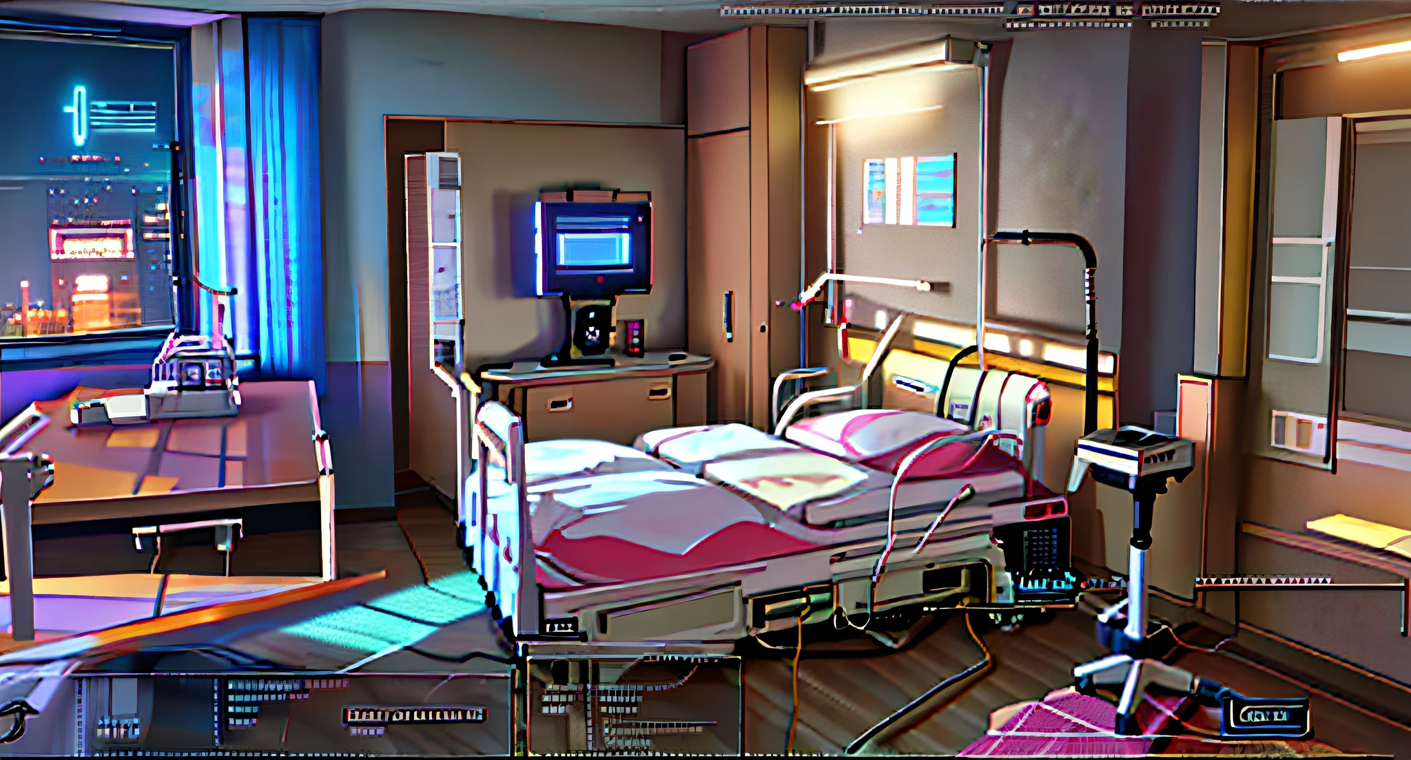 There is a ward,There is a bed and a TV inside, Candy Hospital Ward, Personal room background, sickroom, life simulator game screenshot, hospital in background, photorealistic room, Hospital Rooms, hospital interior, Realistic scenarios, cyberpunk childrens bedroom, ornate hospital room, Cyberpunk bedroom, hospitals, realistic unreal engine 3 d game, RPG style bedroom