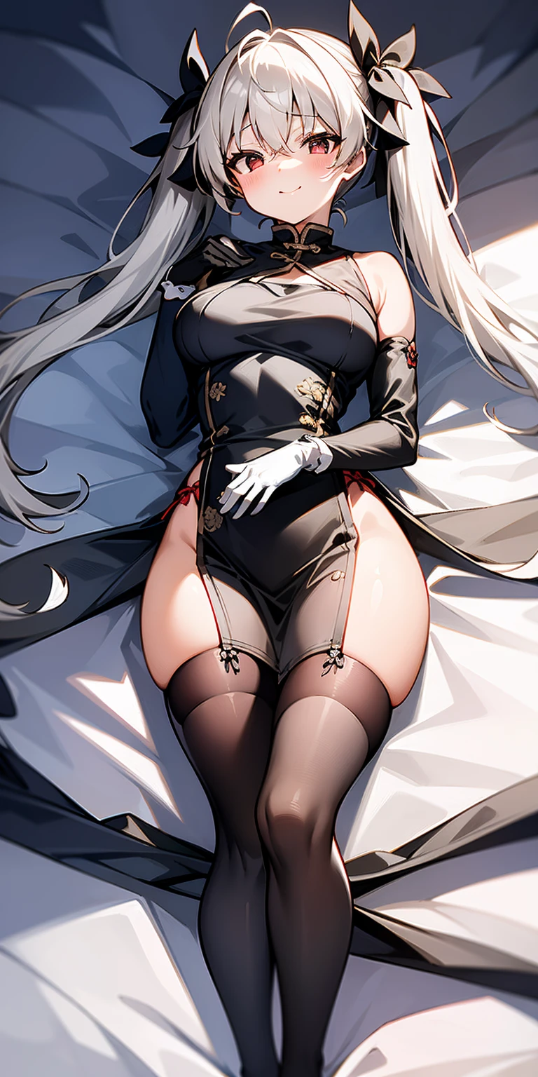 breast_curtains, siriushorizons, chinese_dress, 1girl, breasts, solo, gloves, red_eyes, thighhighs, white_gloves, hair_ornament, blush, large_breasts, lying, on bed, hair_between_eyes, smile, dakimakura \(medium\), masterpiece, high quality, highres,