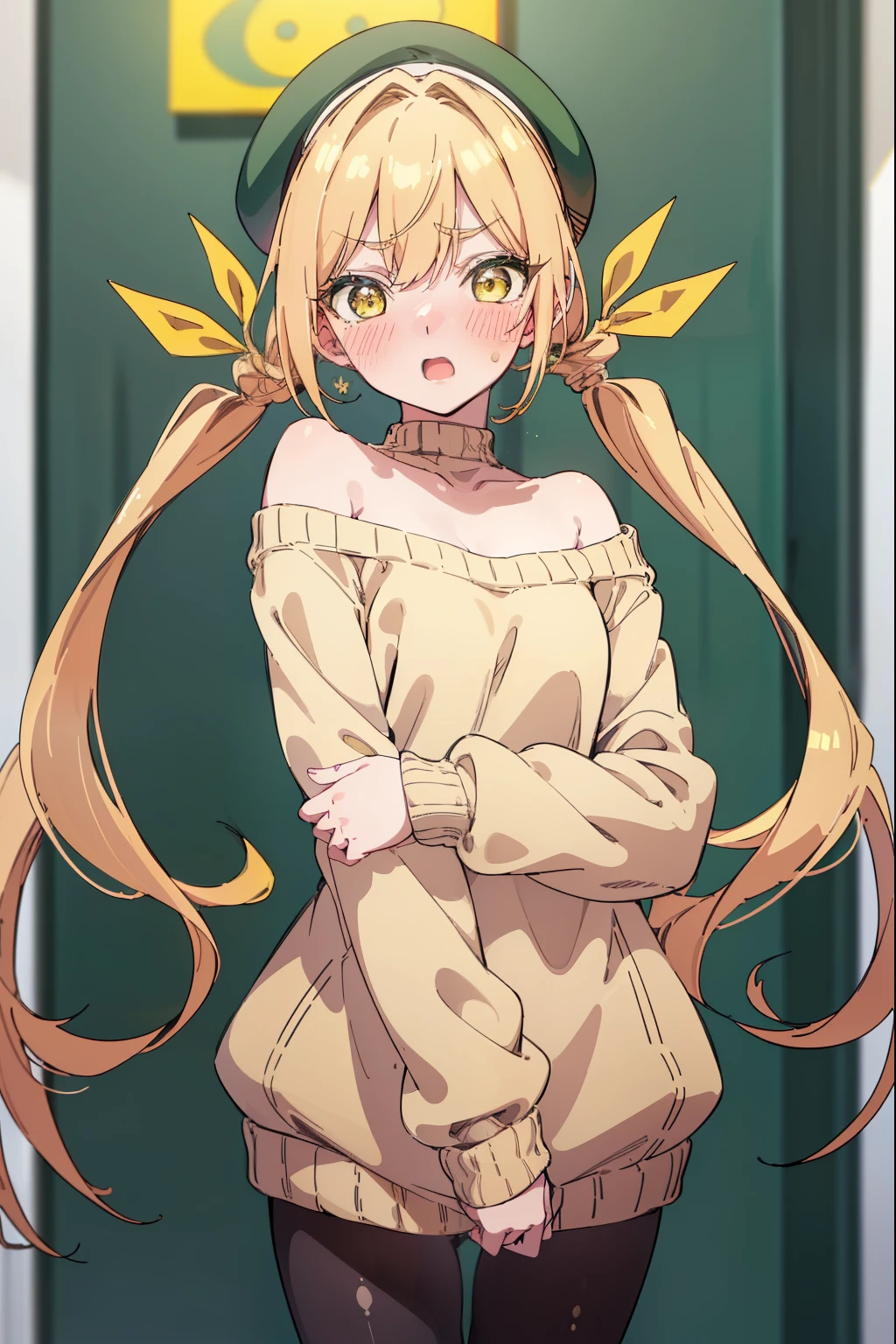 karaneinda, karane inda, blonde hair, (yellow eyes:1.5), hair ribbon, twintails, low twintails, long hair, (green ribbon:1.2), open mouth, embarrassed, (((blushing))),
((Sweater)), off shoulder, mall, shopping, beret, ouirse, denim shorts, ((tights)), small boobs, embarassed, blushing, looking at viewer, (cowboy shot:1.5), (masterpiece:1.2), best quality, high resolution, unity 8k wallpaper, (illustration:0.8), (beautiful detailed eyes:1.6), extremely detailed face, perfect lighting, extremely detailed CG, (perfect hands, perfect anatomy),