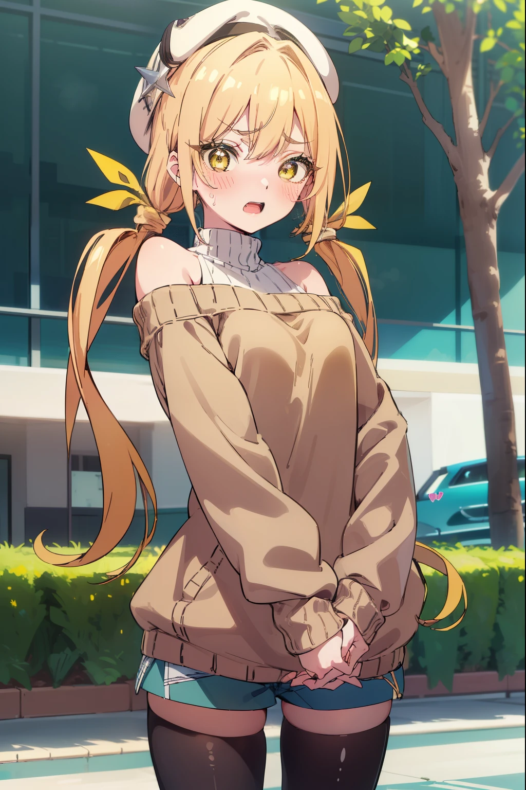 karaneinda, karane inda, blonde hair, (yellow eyes:1.5), hair ribbon, twintails, low twintails, long hair, (green ribbon:1.2), open mouth, embarrassed, (((blushing))),
((Sweater)), off shoulder, mall, shopping, beret, ouirse, denim shorts, ((tights)), small boobs, embarassed, blushing, looking at viewer, (cowboy shot:1.5), (masterpiece:1.2), best quality, high resolution, unity 8k wallpaper, (illustration:0.8), (beautiful detailed eyes:1.6), extremely detailed face, perfect lighting, extremely detailed CG, (perfect hands, perfect anatomy),