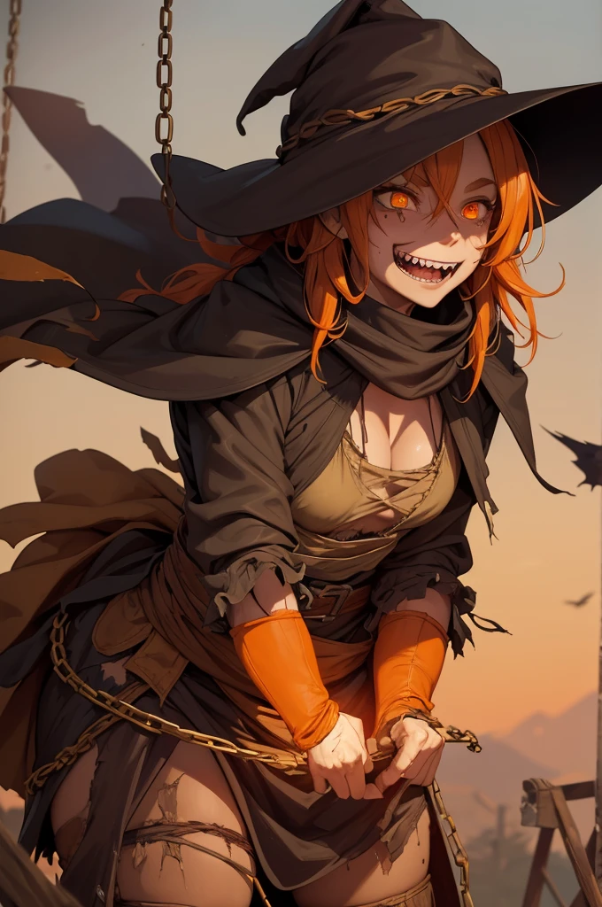 cowboy clothes, woman, large breast, blonde hair, braided hair, piercing red eyes, cowboy girl, ranch, exposed belly, seductive smile, frekles, light tan, cowboy hat, zombie, ruined clothes, open mouth