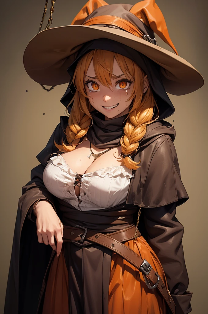 Old, dirty scarecrow costume with a long, torn brown cape that has large tears. The scarecrow is wearing an old, tattered hood with holes that reveal large, orange glowing eyes. The scarecrow's mouth is sewn shut, but its lips are curled into a wide, evil grin that reveals its glowing, orange teeth. The scarecrow has long hair that's matted and dirty, and it's wearing several chains wrapped around its waist. There are also ropes that hang around the scarecrow's neck.