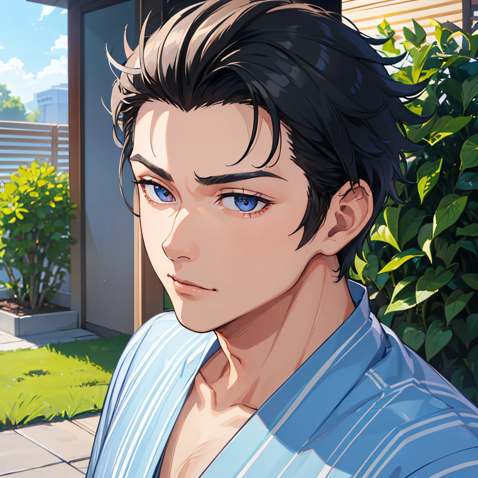 ((A men)), finely detailed beautiful eyes ,one_has_hair _black_(short)_(Spiky)_hair , ((handsome)) ,(few bangs), yukata,
extremely detailed face, ((adult male)),