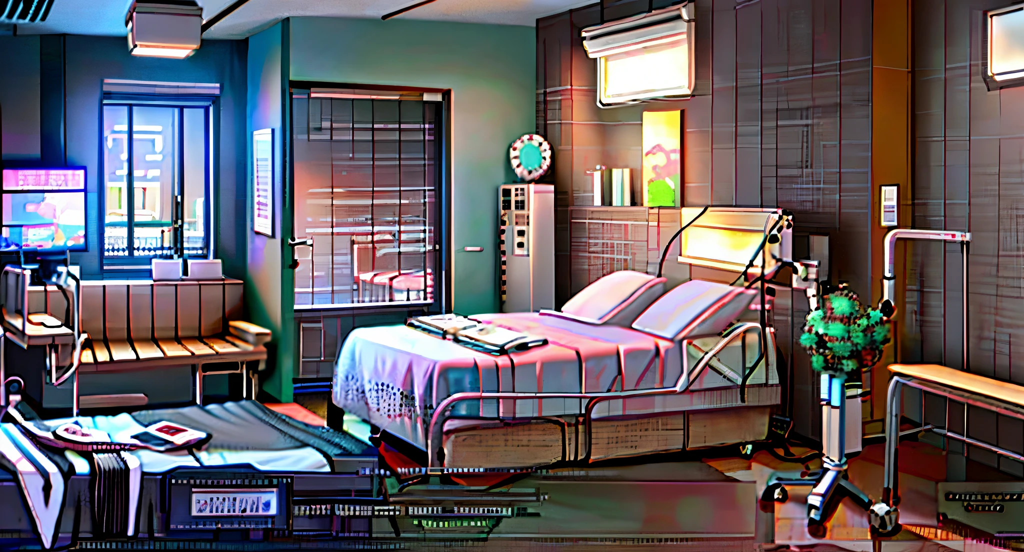 There is a ward，There is a bed and a TV inside, Candy Hospital Ward, Personal room background, sickroom, life simulator game screenshot, hospital in background, photorealistic room, Hospital Rooms, hospital interior, Realistic scenarios, cyberpunk childrens bedroom, Gorgeous hospital room, Cyberpunk teen bedroom, hospitals, realistic unreal engine 3 d game, RPG style bedroom