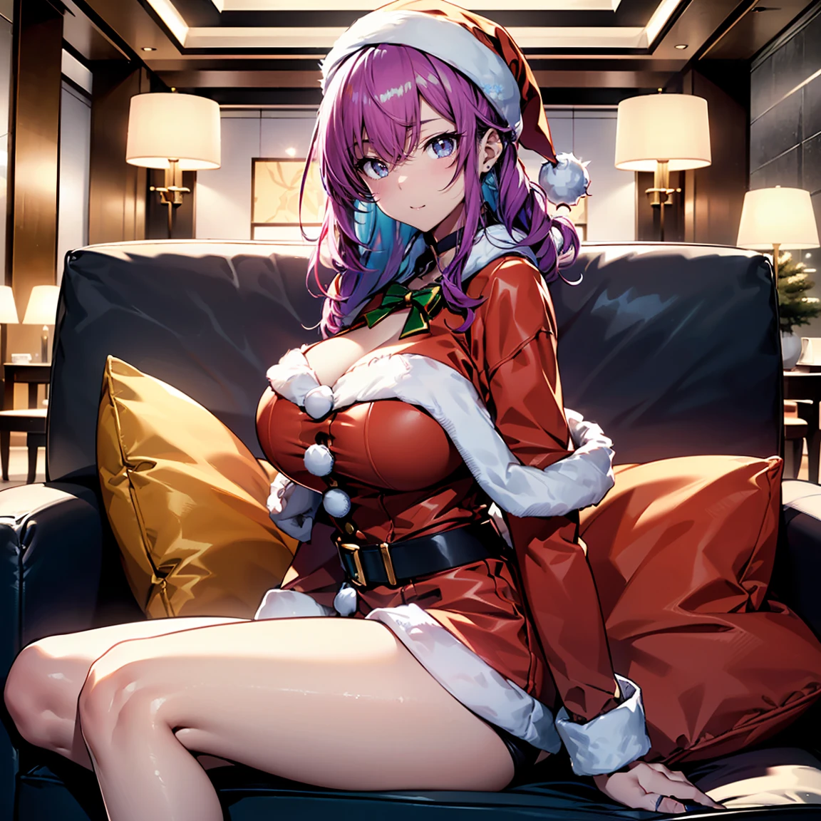 (top-quality,High resolution,(Ultra high definition,4K), (超A high resolution,in 8K),masutepiece:1.2), (Perfect Anatomy,Anatomically accurate), (Angle from below), (Soft lighting, 光线追踪), (((Sitting on a sofa in the lobby of a luxury hotel, legs wide open))), (Two cute high school girls), High-definition beauty face, (santa claus), Cute panties, ((Cosplay costumes)), (Crisp double eyelids), (fascinated expression),(Large breasts:1.3),(Soft skin), (Photorealistic), (Glowing skin), (colourful hair)