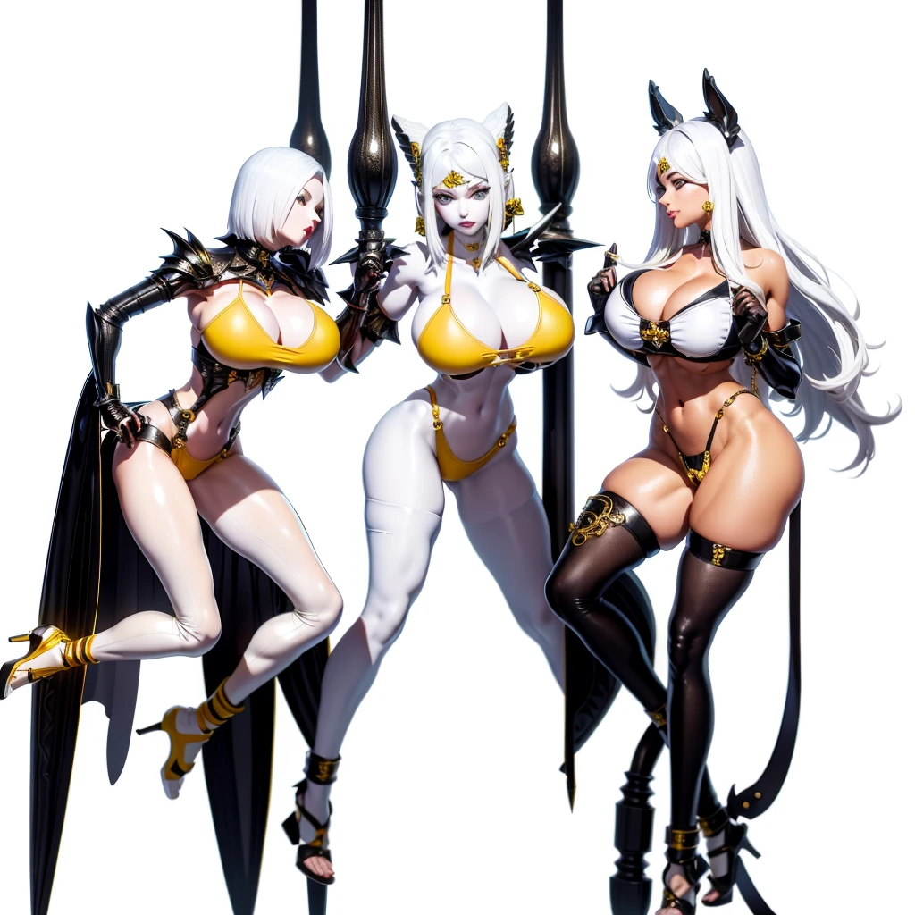 ((WHITE BACKGROUND)) full body standing straight symmetrical looking to the viewer woman wearing a yellow ??????, choker on neck, ???????? on legs and arms