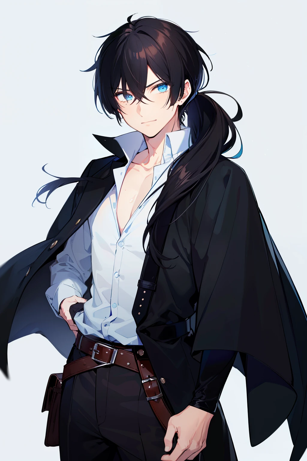 (high-quality, breathtaking),(expressive eyes, perfect face), 1boy, male, solo, young adult, black hair , deep blue coloured eyes, gentle smile, long hair, long hair tied in low ponytail, hair between eyes, fantasy clothing, white button up shirt, black pants, brown belt, small brown satchel, adventuring gear, wears a black cloak partially open