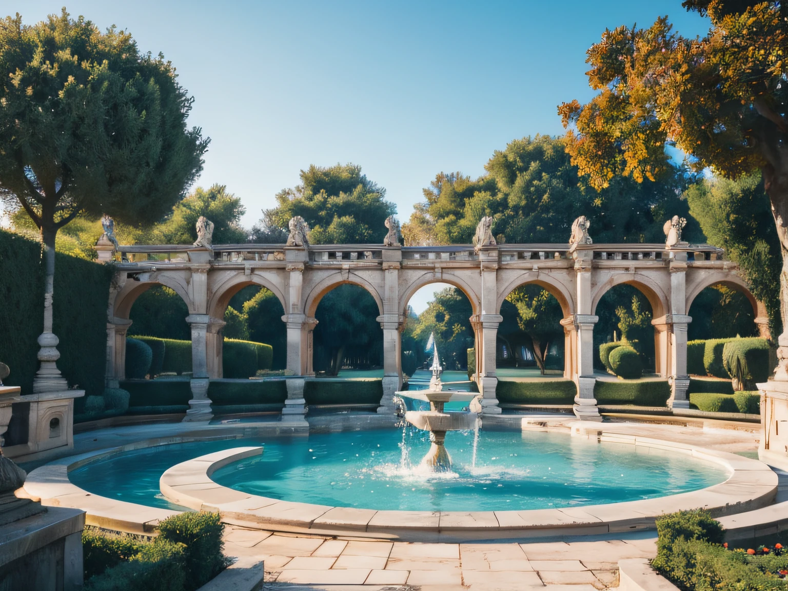 4K clarity, looking back, tmasterpiece, Fontaine naturelle dans un grand jardin exotique,(grandes fontaines d'eau), Architecture ancienne,soleil couchant,colonnes peintes en rouges, palais antique peint en rouge, (vue sur la mer), twilight,, chemin de dalles de marbre, Jeune princesse, (Blonde), premier plan