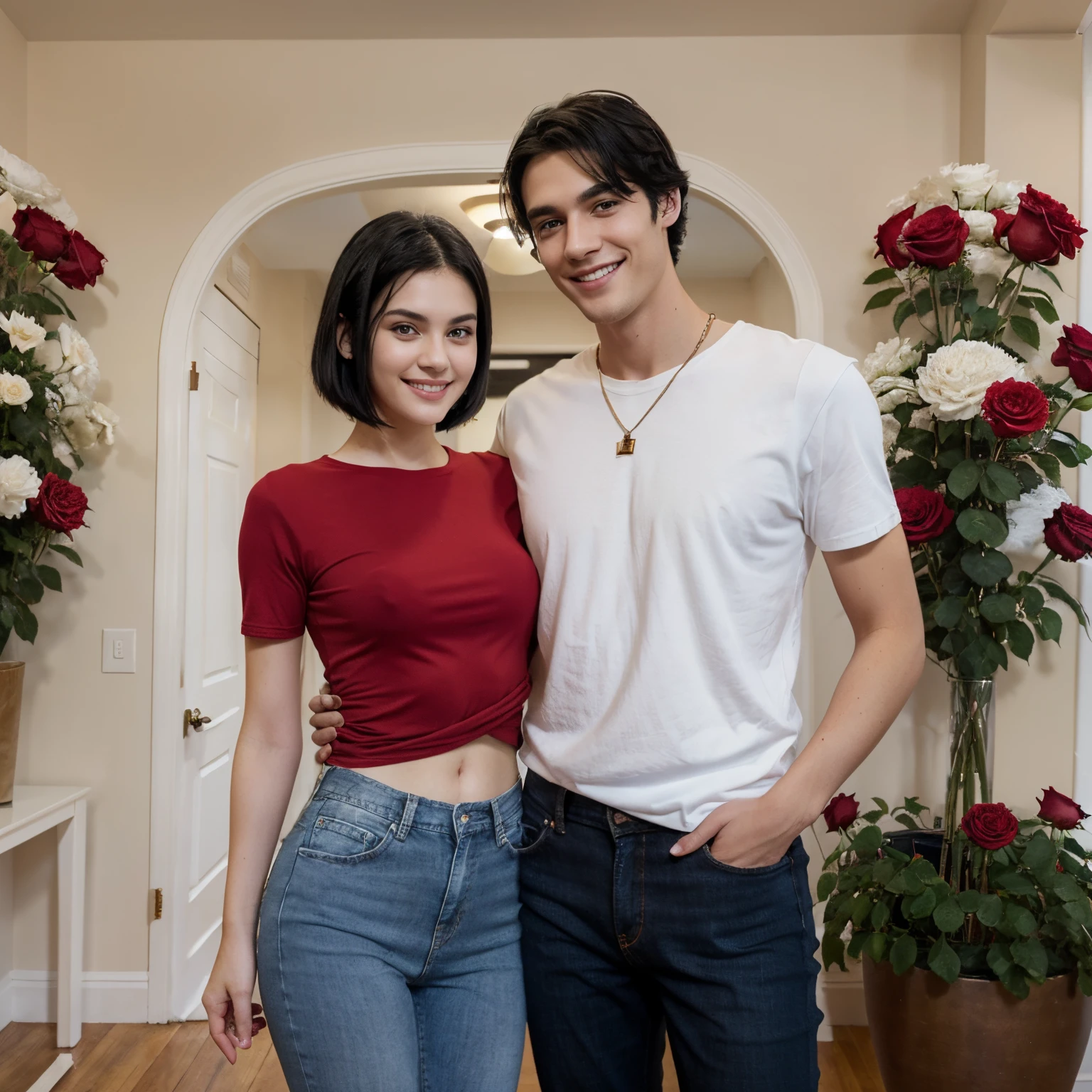 A tall white skinny guy, with black hair, big brown eyes wearing a red shirt blue jeans , smiling standing next to a short white girl with black hair big brown eyes smiling holding some roses