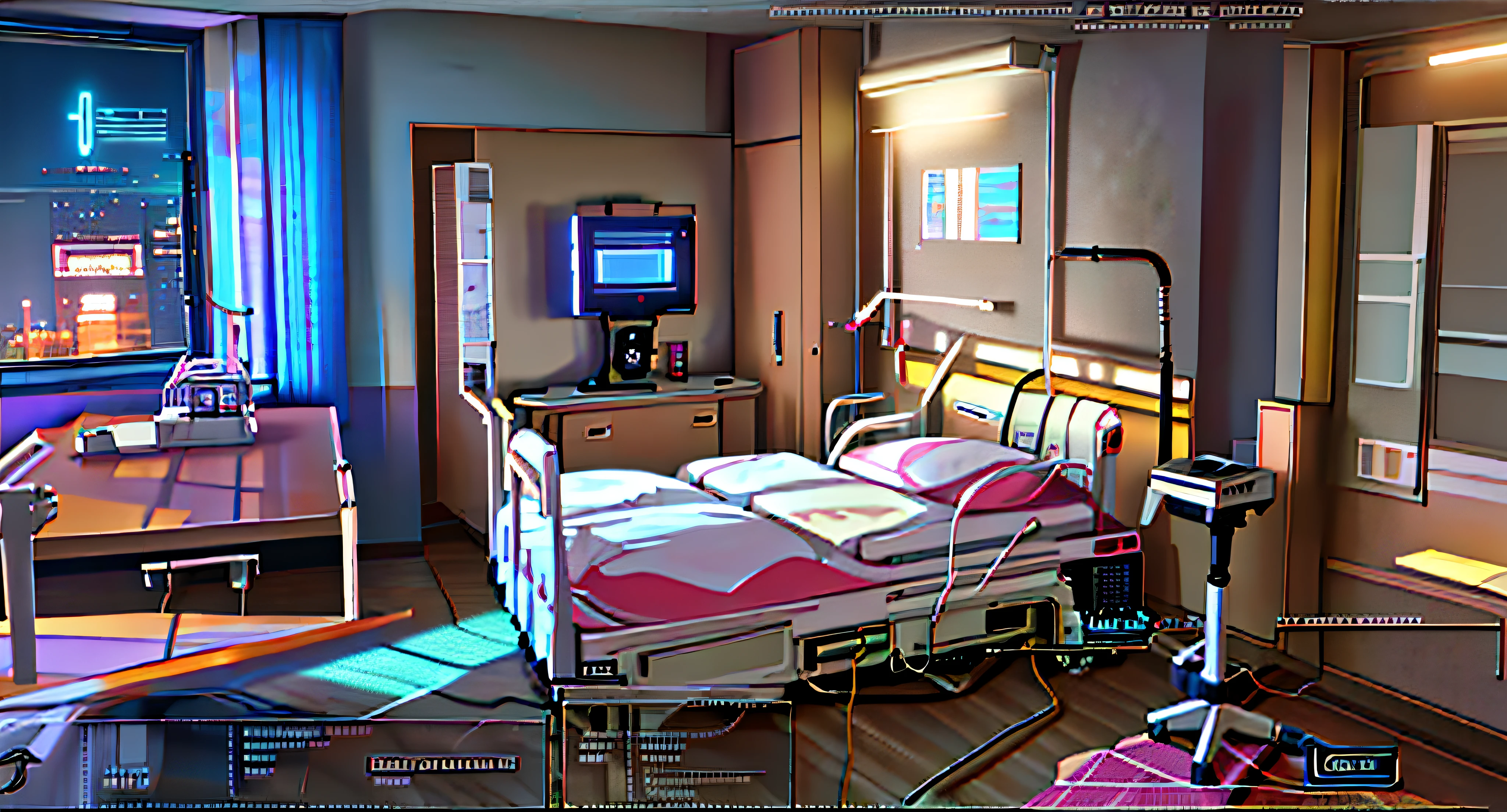 There is a ward,There is a bed and a TV inside, Candy Hospital Ward, Personal room background, sickroom, life simulator game screenshot, hospital in background, photorealistic room, Hospital Rooms, hospital interior, Realistic scenarios, cyberpunk childrens bedroom, Gorgeous hospital room, Cyberpunk teen bedroom, hospitals, realistic unreal engine 3 d game, RPG style bedroom