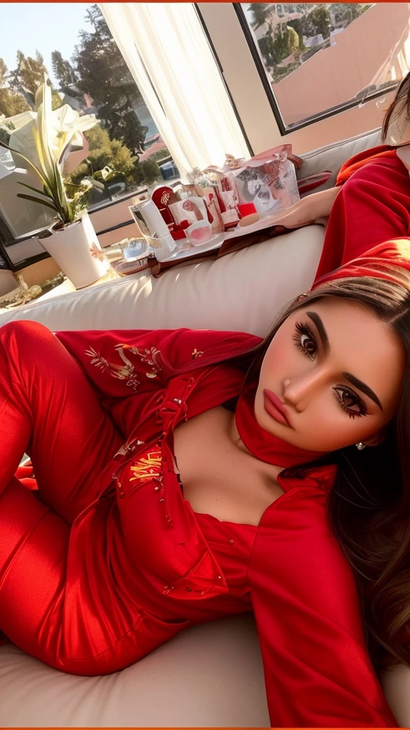 there is a woman that is laying down on a couch, in red clothes, 18 years old, instagram model, portrait sophie mudd, kylie jenner, 1 9 year old female model, good young girl, ava max, yelena belova