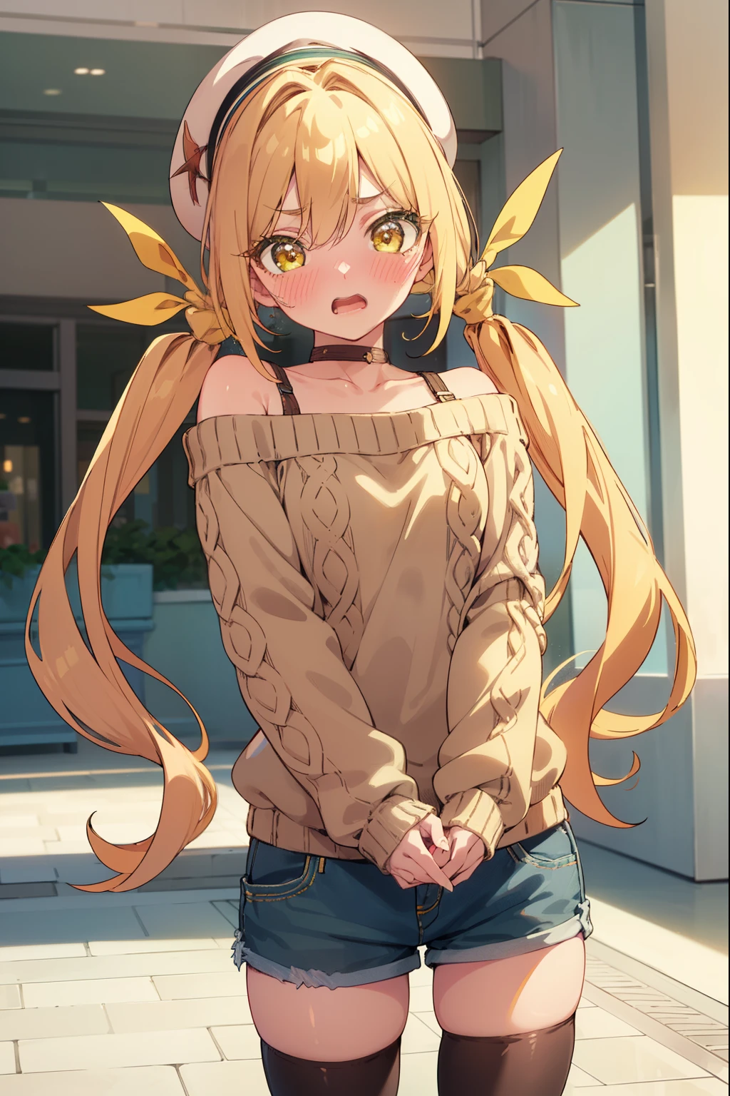 karaneinda, karane inda, blonde hair, (yellow eyes:1.5), hair ribbon, twintails, low twintails, long hair, (green ribbon:1.2), open mouth, embarrassed, (((blushing))),
((Sweater)), off shoulder, mall, shopping, beret, ouirse, ((denim shorts)), ((tights)), small boobs, embarassed, blushing, looking at viewer, (cowboy shot:1.5), (masterpiece:1.2), best quality, high resolution, unity 8k wallpaper, (illustration:0.8), (beautiful detailed eyes:1.6), extremely detailed face, perfect lighting, extremely detailed CG, (perfect hands, perfect anatomy),