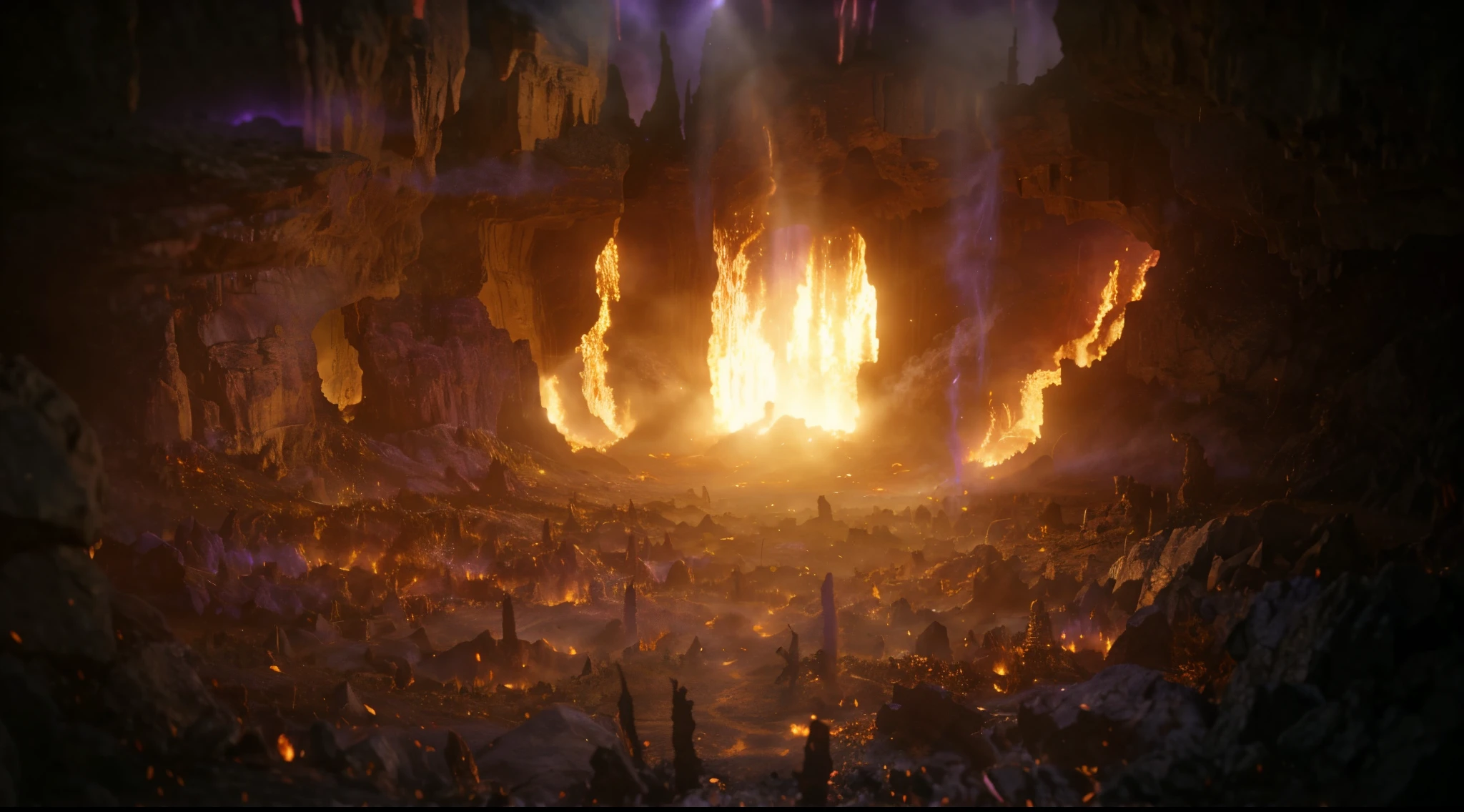 there is a fire that is burning in the middle of a cave, purple fire around magic arena, highly detailed vfx scene, from avengers: endgame (2019), 8k vfx render, epic scene from marvel movie, burning scene in the background, film still from Godzilla vs. Kong 2021