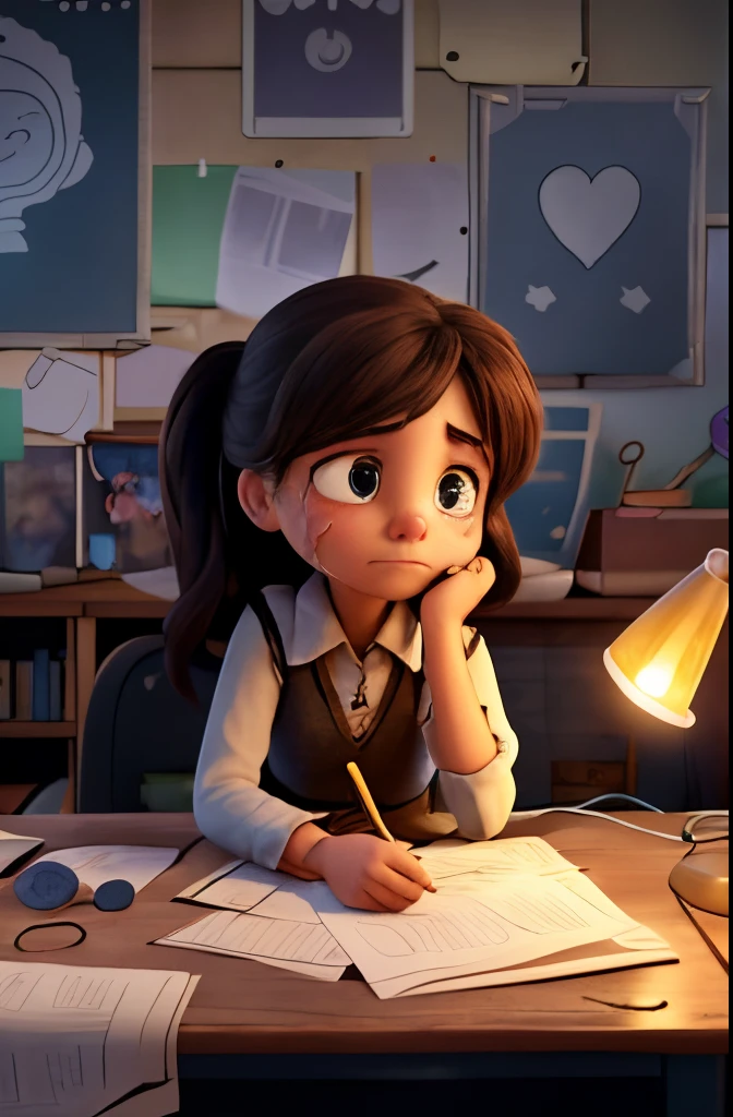 In this emotionally charged poster, a girl sits alone, tears streaming down her face, as she clutches a paper revealing a devastating zero. The atmosphere is enveloped in darkness, with shadows accentuating the depth of her despair. The cold, muted colors intensify the somber mood, mirroring the emotional turbulence of academic challenges.

The paper, crumpled and torn, bears the harsh mark of failure. The girl's posture exudes defeat, and her disheveled appearance portrays the raw emotion of the moment. A dimly lit desk lamp casts a feeble glow, emphasizing the struggle to find hope amid the gloom.

The caption reads, "Navigating the Depths: Through Tears We Grow," underscoring the poster's theme of resilience in the face of profound sadness. This evocative visual urges viewers to recognize the profound emotional toll of academic setbacks and encourages empathy and support.,best quality
