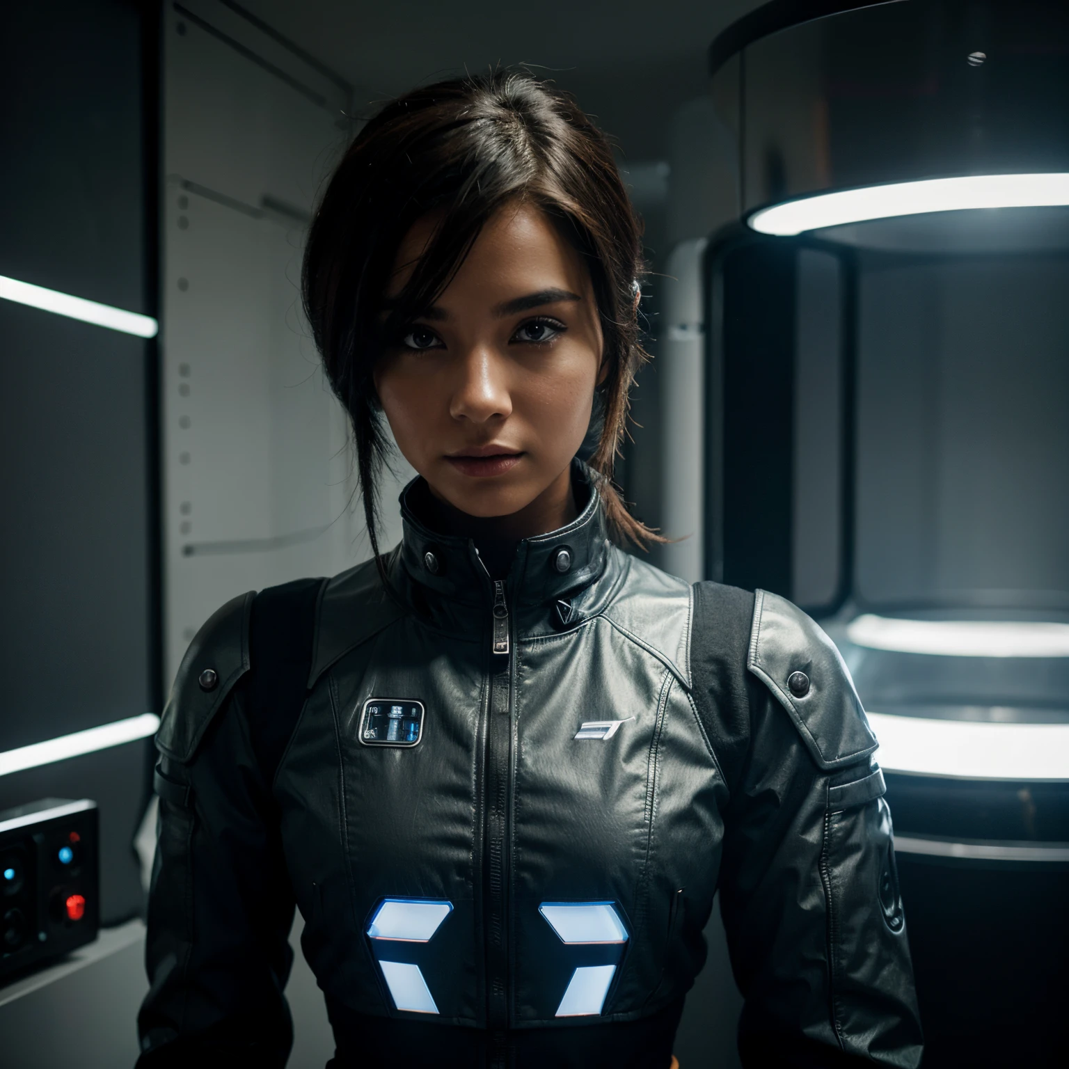 Futuristic robot wearing a jacket with no sleeves