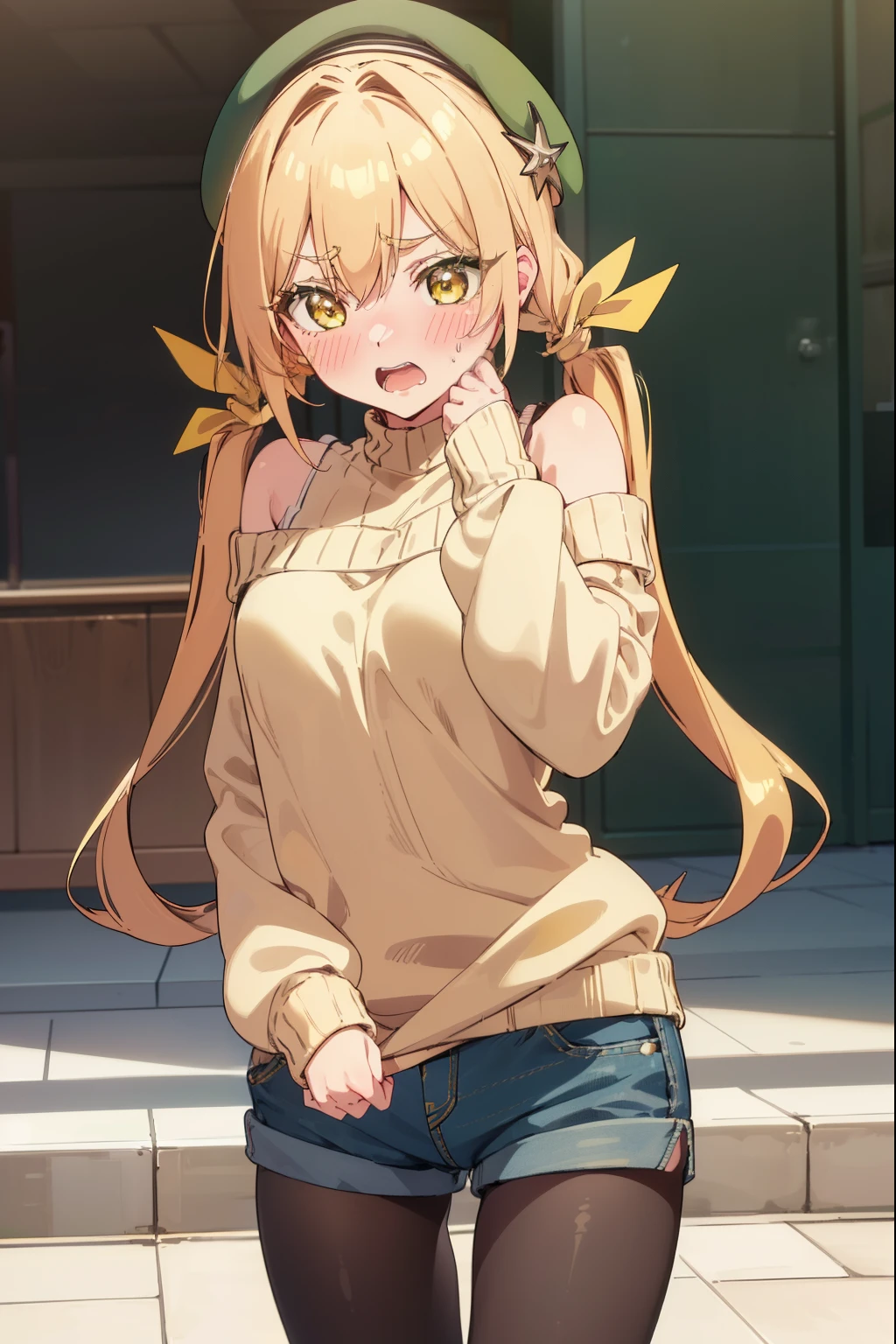 karaneinda, karane inda, blonde hair, (yellow eyes:1.5), hair ribbon, twintails, low twintails, long hair, (green ribbon:1.2), open mouth, embarrassed, (((blushing))),
((Sweater)), off shoulder, mall, shopping, beret, ouirse, ((denim shorts)), ((tights)), small boobs, embarassed, blushing, looking at viewer, (cowboy shot:1.5), (masterpiece:1.2), best quality, high resolution, unity 8k wallpaper, (illustration:0.8), (beautiful detailed eyes:1.6), extremely detailed face, perfect lighting, extremely detailed CG, (perfect hands, perfect anatomy),