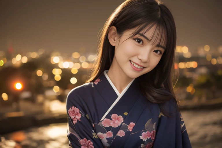 masutepiece, Best Quality, 8K, 57 years old, Raw photo, absurderes, award winning portrait, Smile, Solo, (Night:1.8), Idol face, Delicate girl, Upper body, Digital SLR, Looking at Viewer, Candid, Sophisticated,Thin arms, Professional Lighting, Film grain, chromatic abberation, (Eyes and faces with detailed:1.0), (Bokeh:1.1) , (Ninja kimono:1.1) , closes mouth