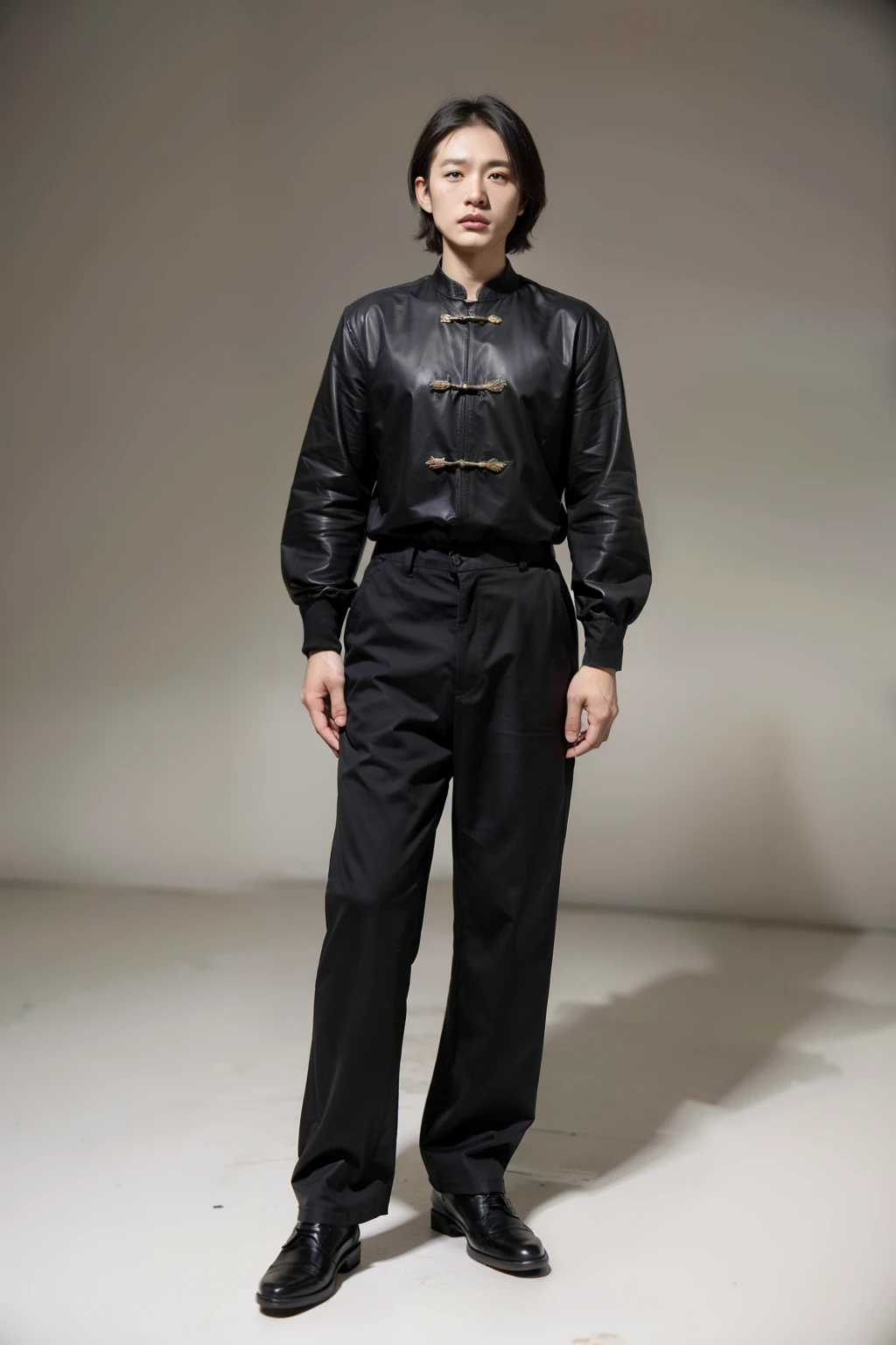 China in 1930，A 40-year-old，Wearing gray tunic pants and patches，Full body photo of country man with unglued leather shoes