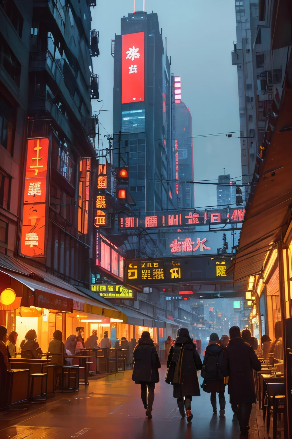 ((巨作)),((Best Quality)),((highly detail)),((Realistic,)) restaurant, Neat people, cyberpunk, buildings, night, European city, neon