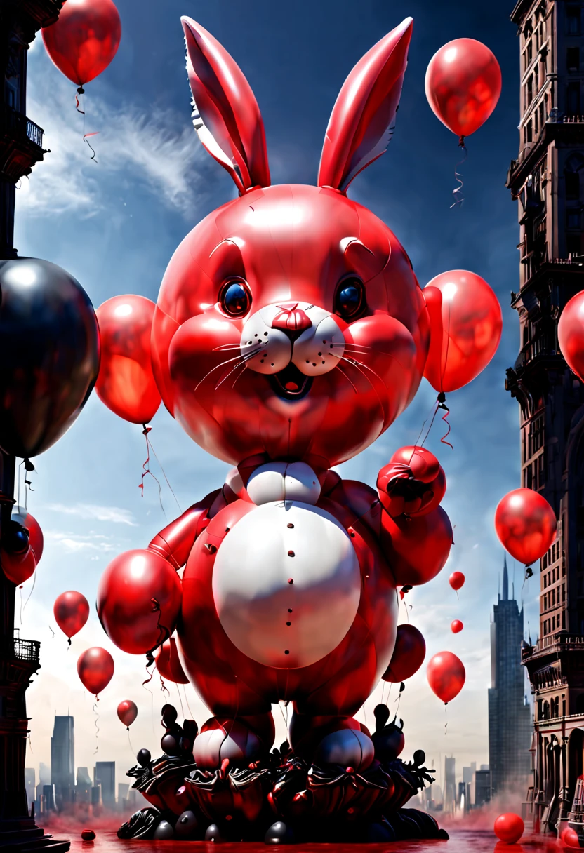 (red theme, dark art), (balloon sculpture, exaggerate fatness Rabbit, Countdown bomb:1.4), (Round body, body made of balloon, balloon shape body), (red moon), skyscraper, inconceivable Bloated, surrealistic, fantasy art, dark fantasy, concept art, ultra-wide-angle, octane render, enhance, intricate, (best quality, masterpiece, Representative work, official art, Professional, unity 8k wallpaper:1.3)