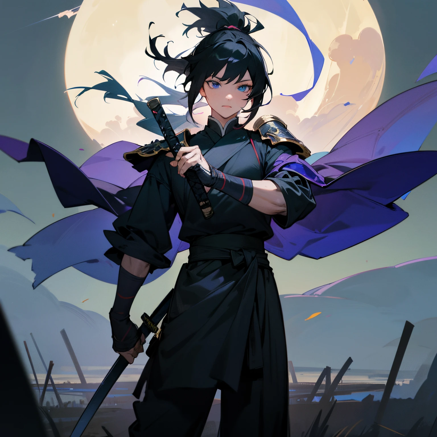 (best quality,4k,8k,highres,masterpiece:1.2),ultra-detailed,,sword hilt,sword on hip,messy shoulder length black hair,dark blue eyes,unique clothing,wraps on wrists,lean build,1male,combat yukata,illustration,scene,battle,moonlight,subtle lighting,lone tree, ninja clothing , Toned Buff Defined Build