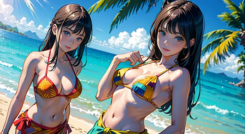 ​masterpiece、top-quality、超A high resolution、 [ 4 k digital art ]!!、 8k high quality detailed art、Wallpaper、 Detailed Digital Anime Art、Realisticity、Cinema Angle、hposing Gravure Idol、(((Two beautiful girls)))、(Two people shoulder to shoulder)、cute  face、 ((Detailed depiction of a beautiful face))、kindly smile、年轻、Bikini swimwear、Photorealistic perfect body、(Bold ethnic patterns wrapped around the waist and skirt and plenty of primary colors)、light Particle、llight rays、Tropical、Against the background of palm trees、beach side、on a sunny beach、Against the background of the sea、blur backgroun、