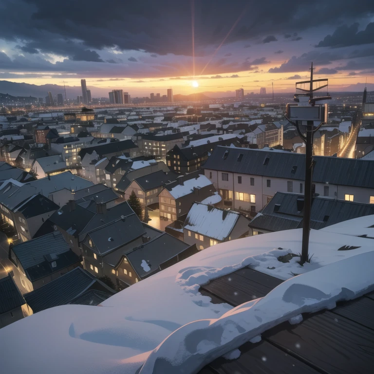((Christmas time)), ((Winter) Rainy day, with gray clouds, photo taking from a boulding, sunset sky with a lot of clouds, cityscape