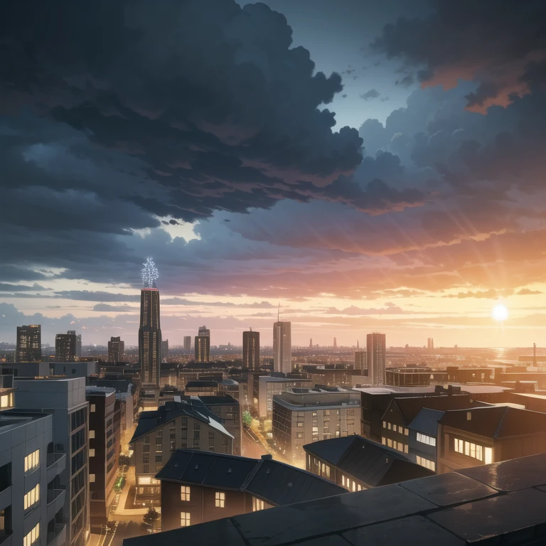 ((Christmas time)), ((Winter) Rainy day, with gray clouds, photo taking from a boulding, sunset sky with a lot of clouds, cityscape