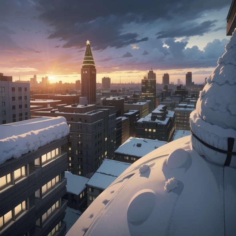 ((Christmas time)), ((Winter) Rainy day, with gray clouds, photo taking from a boulding, sunset sky with a lot of clouds, cityscape