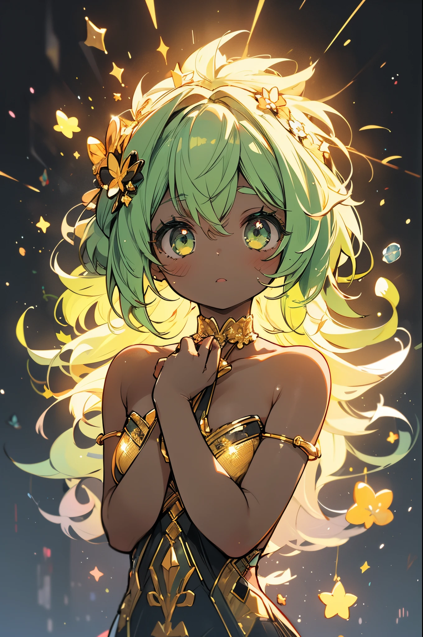 １girl with,Yellow-green hair,Delicate Makeup,Too eyebrows,a little dark skin,work to pick up stars,by picking it up, your hair will start to shine little by little..