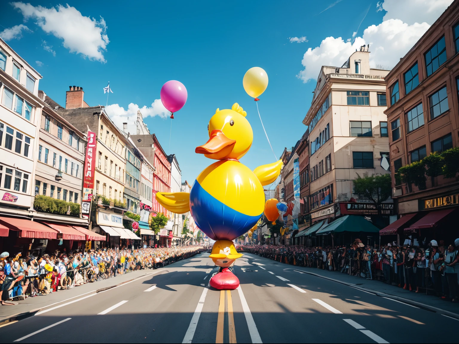 (masterpiece:1.2), duck, (balloon duck), (giant duck made of balloon), day, sky, (parade), buildings, road, crowd, (festival)