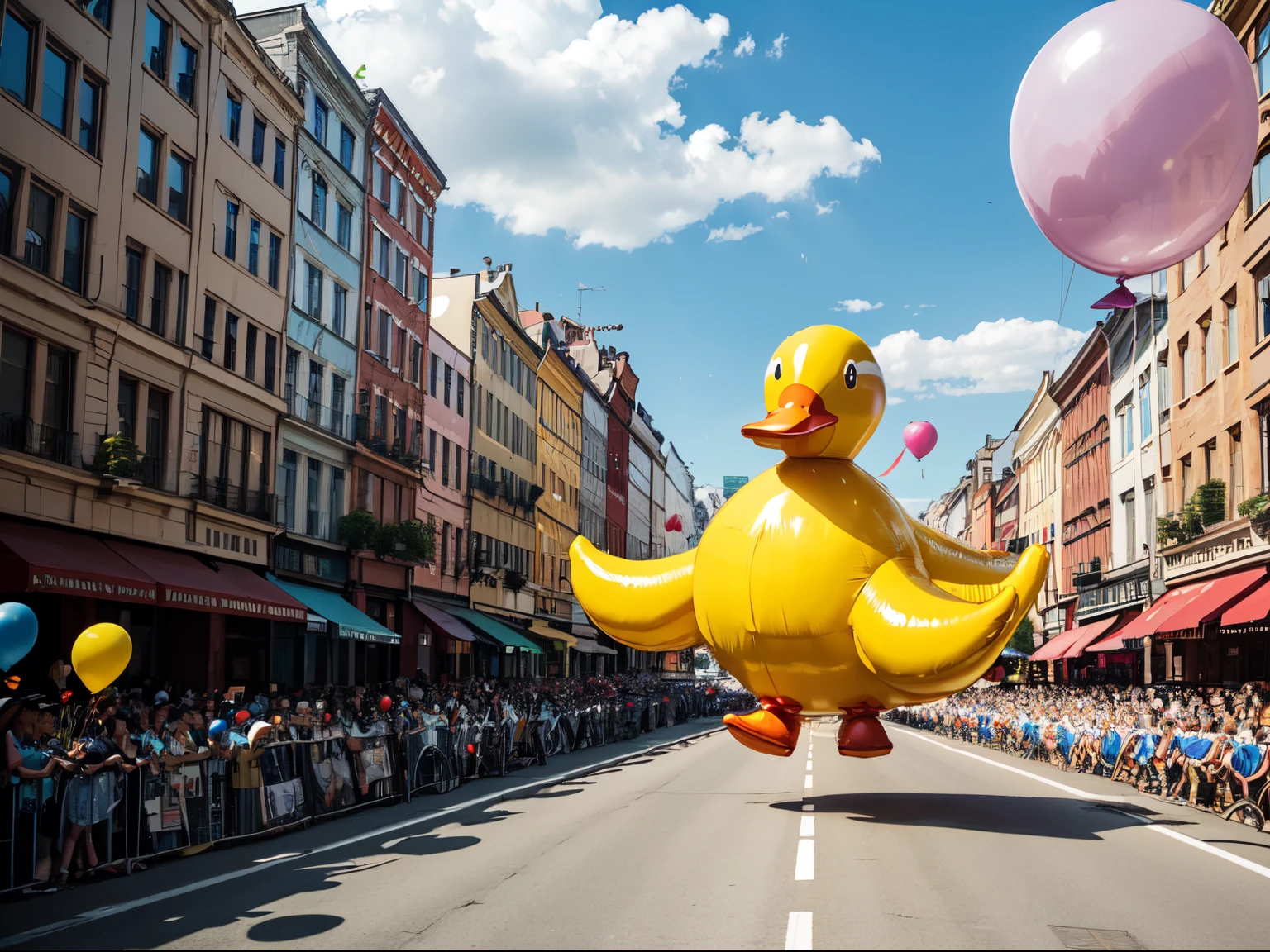 (masterpiece:1.2), duck, (balloon duck), (giant duck made of balloon), day, sky, (parade), buildings, road, crowd, (festival)