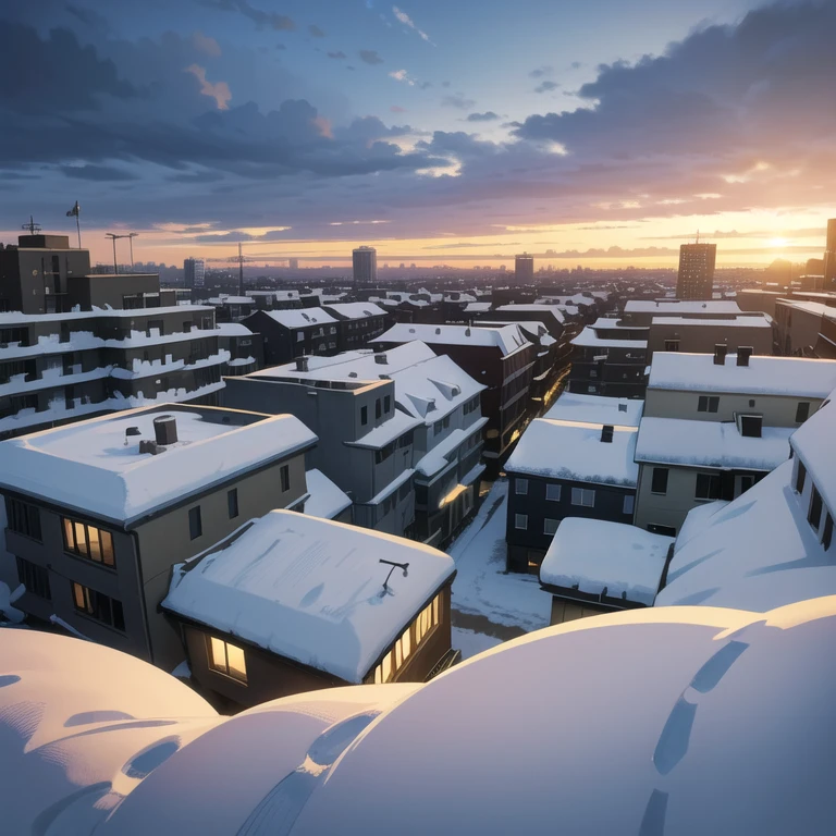 ((Christmas time)), ((Winter) snowy day, with gray clouds, photo taking from a boulding, sunset sky, cityscape