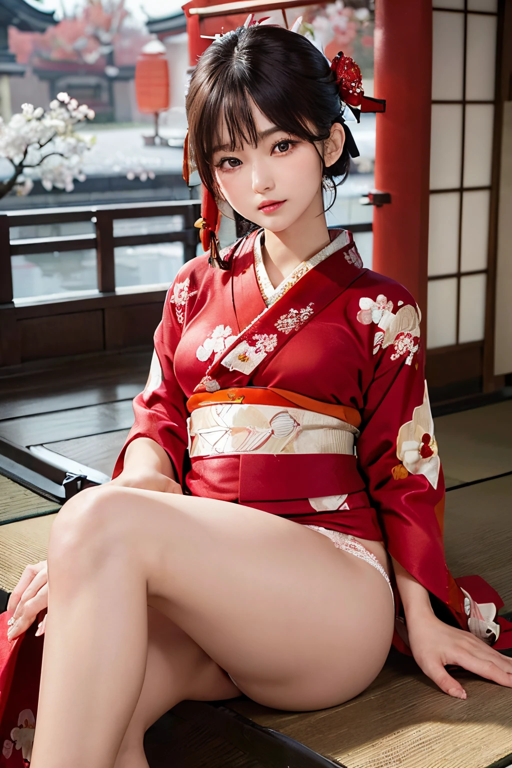 ((best quality, 8K, masterpiece)), ultra detailed, sharp focus, 1 cute girl, ((red kimono)), (((kimono lifting:1.4))), (((white lace panties))), highly detailed face and skin texture, ((detailed eyes)), ((beautiful eyes:1.2)), (Japanese room), sitting