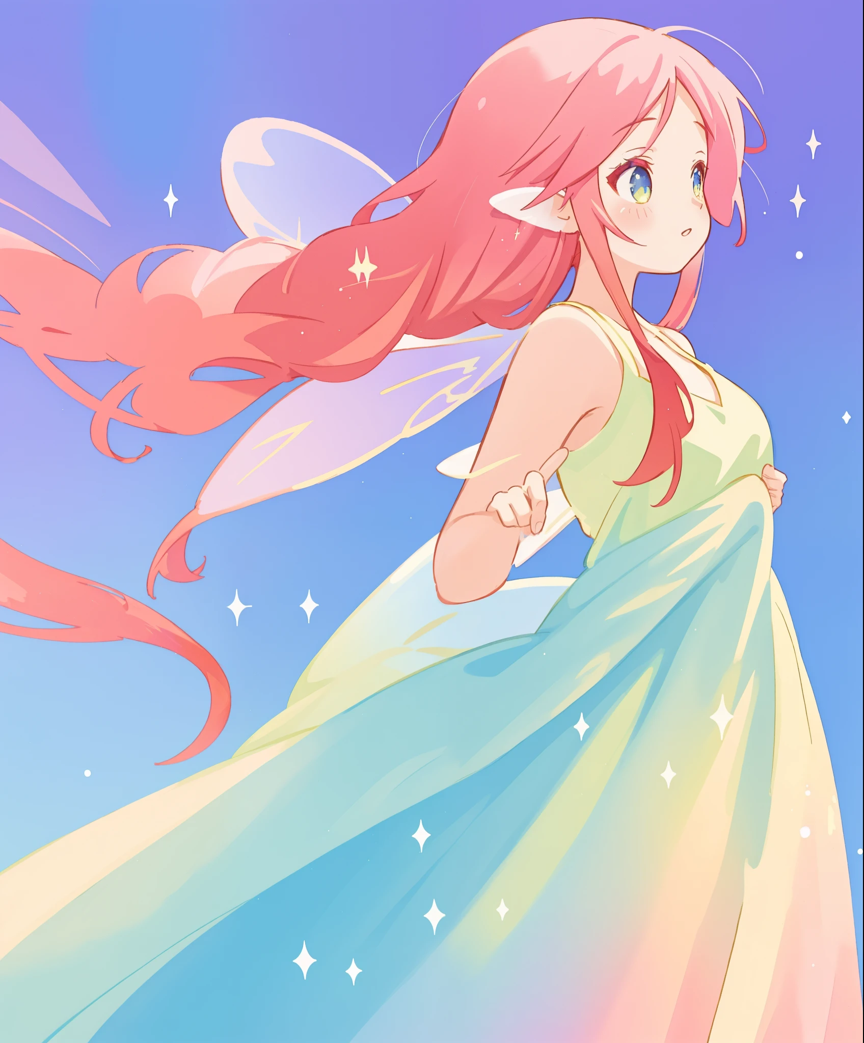 beautiful girl, (((gradient flowing fairy dress))), (large sparkling fairy wings), long flowing red pink hair, colorful fantasia background, watercolor illustration, disney art style, beautiful digital illustration, beautiful, masterpiece, best quality, anime disney style, beautiful face