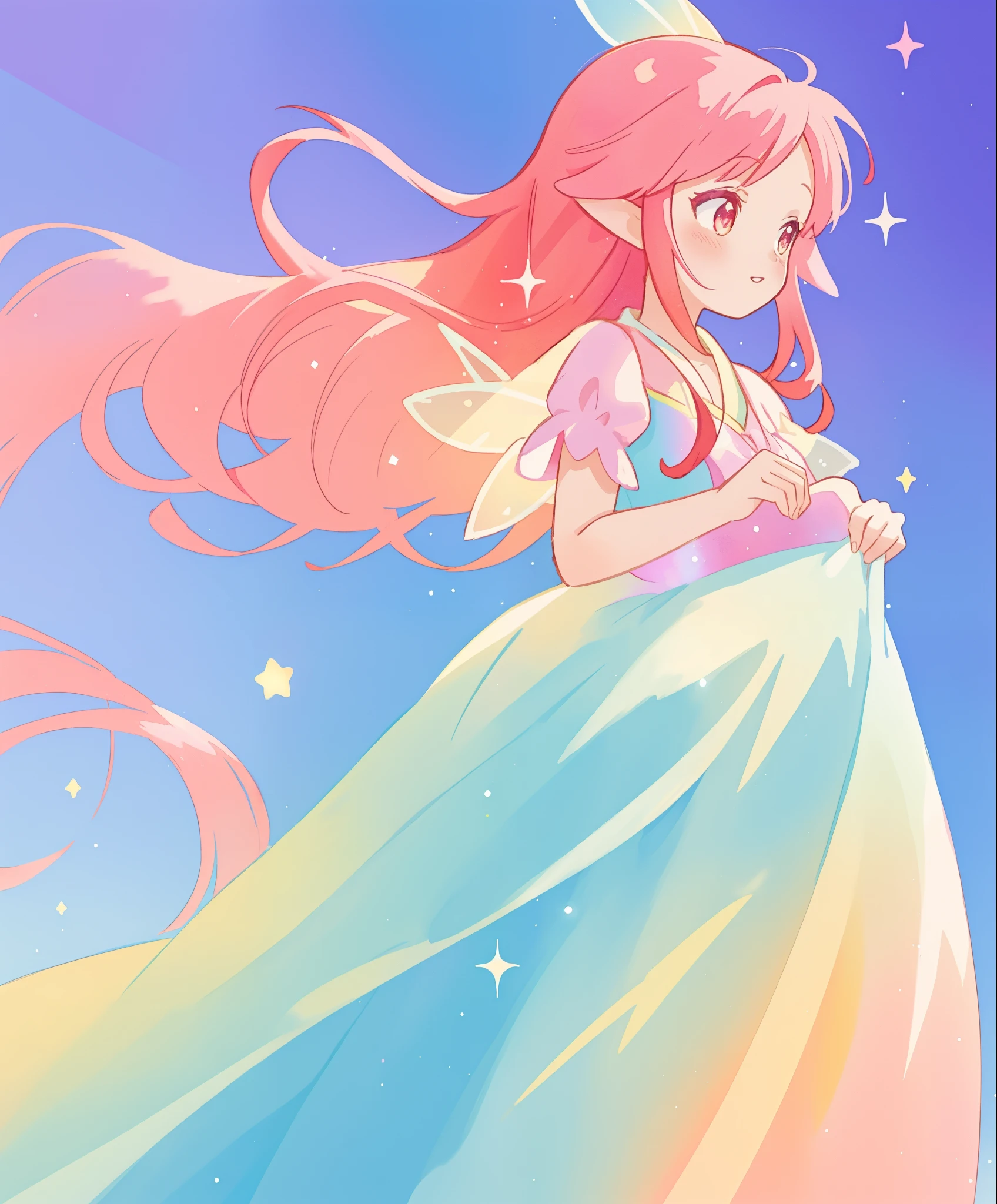 beautiful girl, (((gradient flowing fairy dress))), (large sparkling fairy wings), long flowing red pink hair, colorful fantasia background, watercolor illustration, disney art style, beautiful digital illustration, beautiful, masterpiece, best quality, anime disney style, beautiful face