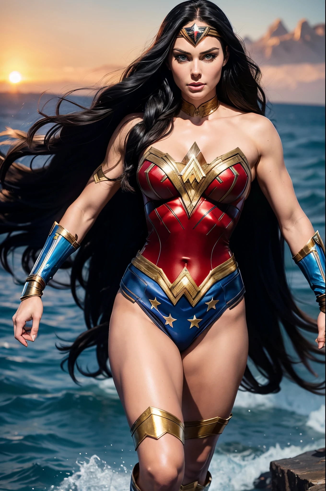 BLACK HAIR LINDSEY VONN AS WONDER WOMAN ( DC COMICS ), BLUE RED ARMOUR, HUGE LONG HAIR, SHINING BLACK HAIR, PALE SKIN, BLUE EYES, STRONG FACE EXPRESSION, GOLDEN TIARA, GOLDEN GAUNTLETS, GOLDEN BRACELETES, NAVY BLUE UNDER ARMOUR, ATHLETIC BODY, STRONG ARMS, STRONG LEGS, MUSCLES, GREEK ARCHITECTURE, DESERT ISLAND, SEA, BLUESKY, SUN, MASTERPIECE