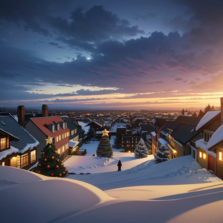 ((Christmas time)), ((Winter) Christmas Ligts, Christmas ornaments, snowy day, with gray clouds, photo taking from a boulding, sunset sky, cityscape