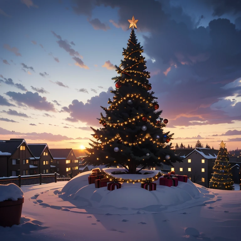 ((Christmas time)), ((Winter) Christmas Ligts, Christmas ornaments, snowy day, with gray clouds, photo taking from a boulding, sunset sky, cityscape