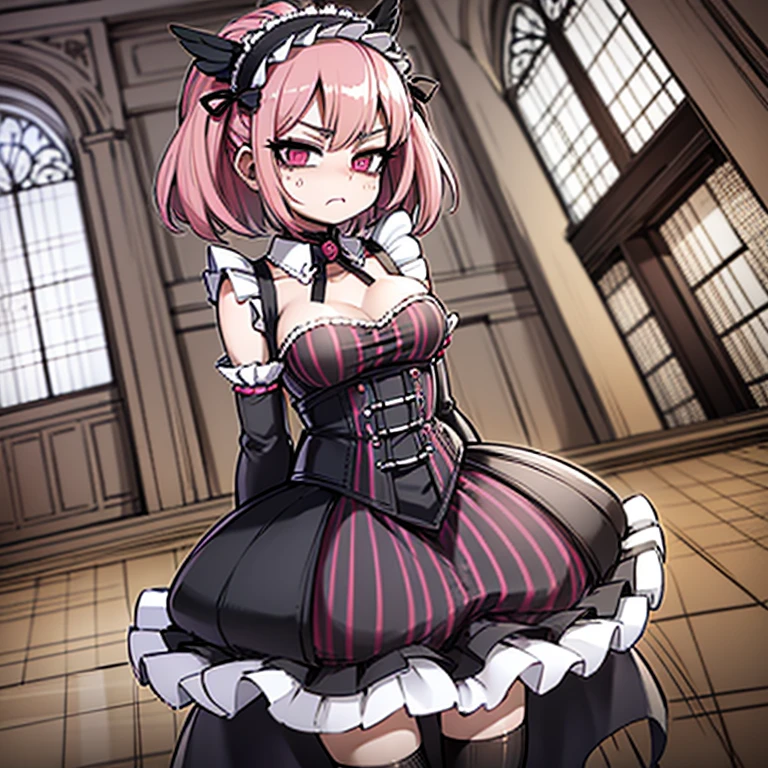 Maid,pouty face,petite body,cherry sized breast,arms crossed over chest,black and pink striped outfit,pink and black striped maid headpiece,black and pink striped thigh highs,skinny legs,long legs,long frilly skirt,mansion,short brown hair, standing up