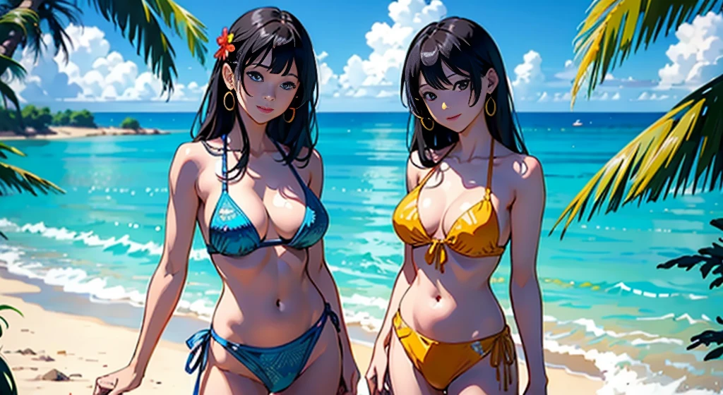 ​masterpiece、top-quality、超A high resolution、 [ 4 k digital art ]!!、 8k high quality detailed art、Wallpaper、 Detailed Digital Anime Art、Realisticity、Cinema Angle、hposing Gravure Idol、(((Two beautiful girls)))、(Two people put their cheeks together)、cute  face、 ((Detailed depiction of a beautiful face))、kindly smile、年轻、Bikini swimwear、Photorealistic perfect body、(Bold ethnic patterns wrapped around the waist and skirt and plenty of primary colors)、light Particle、llight rays、Tropical、Against the background of palm trees、beach side、on a sunny beach、Against the background of the sea、blur backgroun、