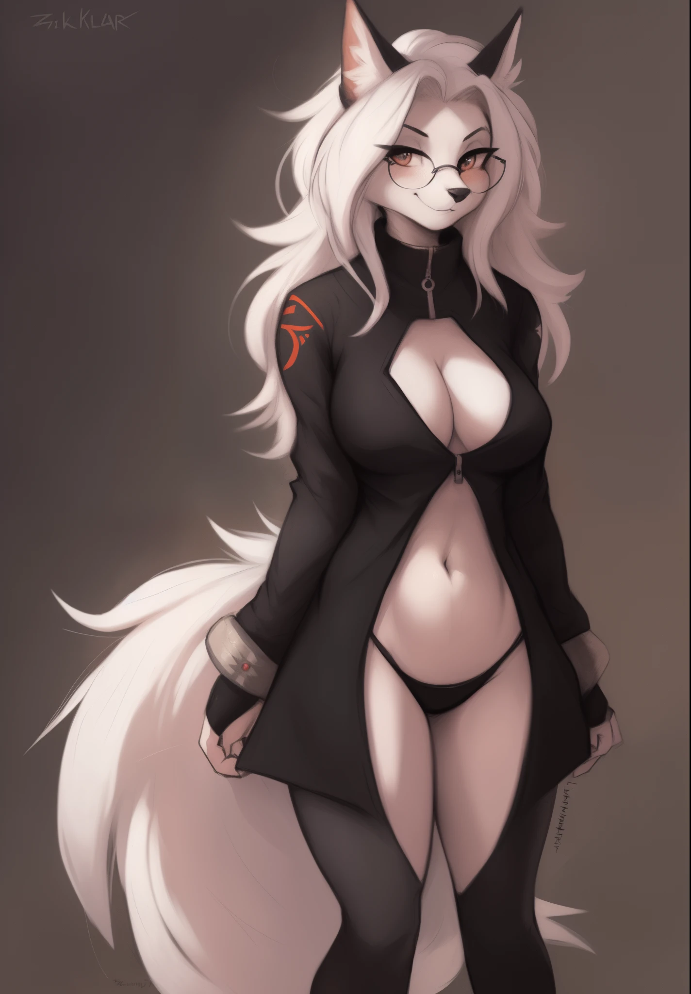 by Zackary911, by Kenket, by Kilinah, by fluff-kevlar, anthro, mommy female loona hellhound, solo, long white hair, full body, one big tail, dark background. dark priest with balck and red cloack open belly, round glasses, full body concept, realism, reference