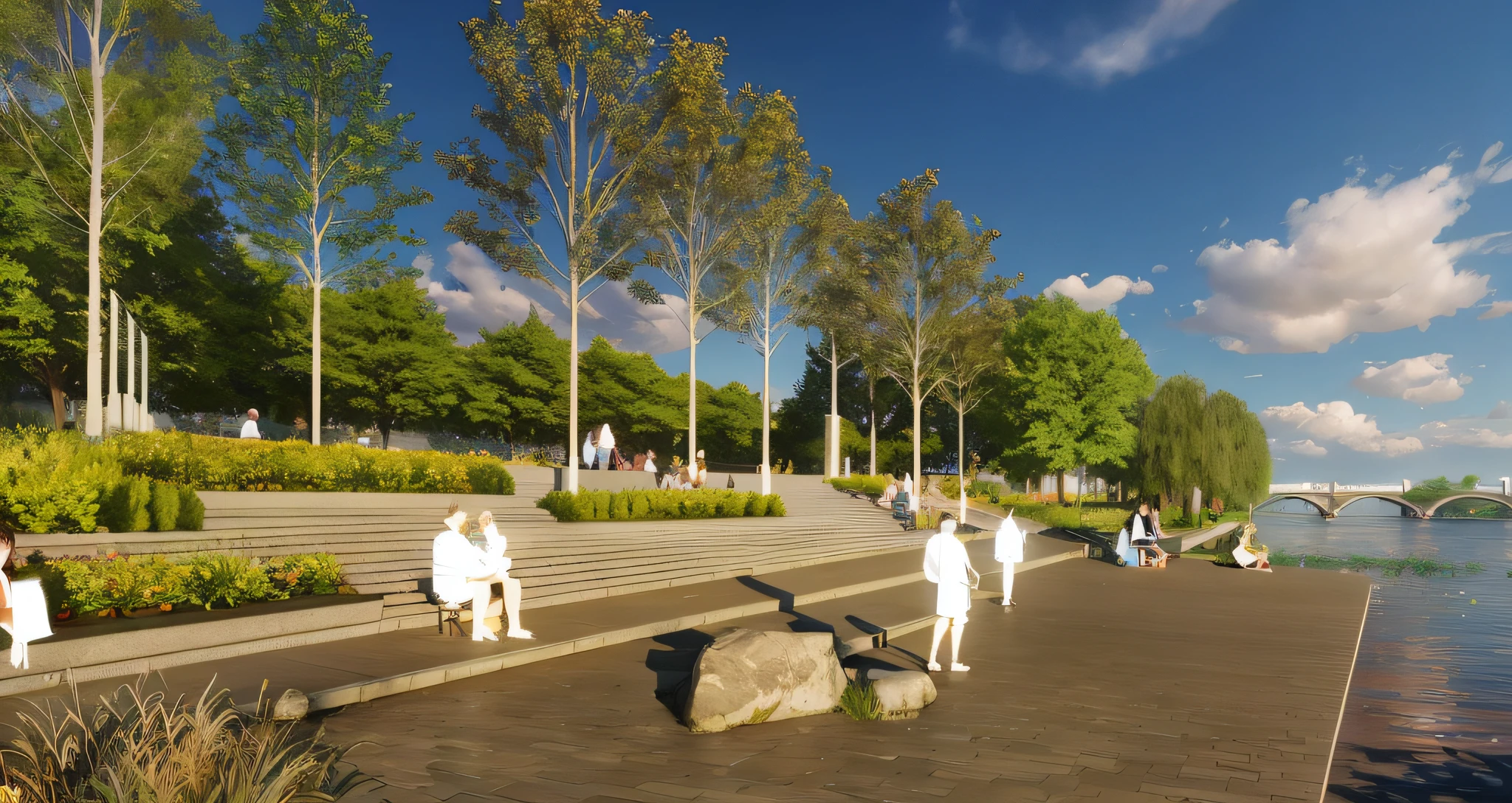 Renderings of the park，People walking and sitting on the steps, The white filler is the character，landscape architecture photo, artistic impression, conceptual rendering, artist impression, impression of the artist, detailed render, detailed renderings, Encapsulated rendering, rendering, artist impression, a digital rendering, conceptual, Artis&#39;Explanation, conceptual drawing, finalrender, Rendering in Lumion Pro, Render in enscape, a digital rendering