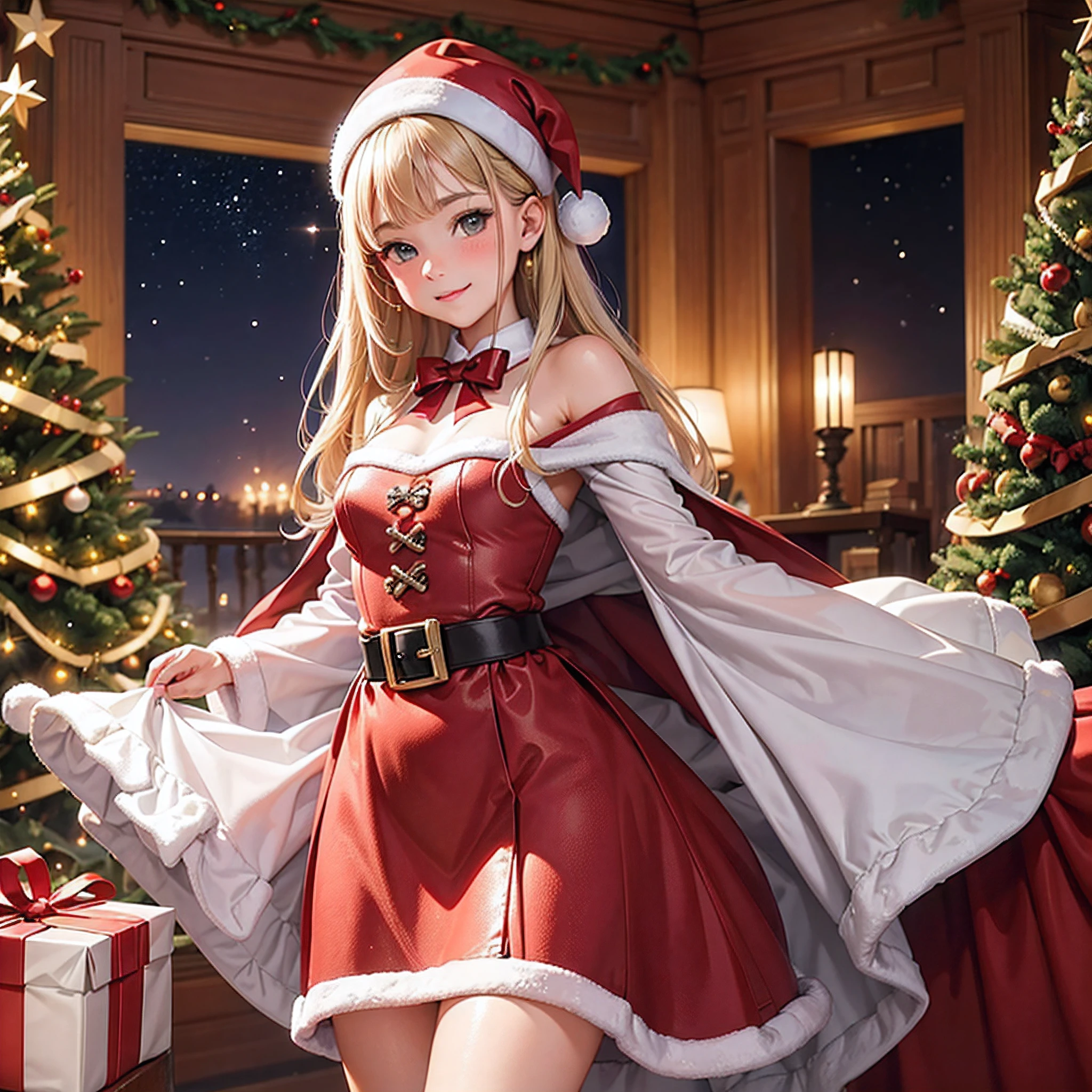 Produce a high-resolution digital image that depicts the magical Christmas Eve, com o Papai Noel distribuindo presentes. Santa Claus must be represented in his characteristic red and white outfit, holding a large gift bag full of colorful bows and shiny ribbons. He is in a festive mood, possibly in a room decorated with a well-lit and decorated Christmas tree. The scene should convey a feeling of joy and magic, com foco especial no Papai Noel'His gentle, welcoming expression as he hands over the gifts. Lighting should be soft and welcoming, destacando os detalhes das roupas, do rosto e da barba do Papai Noel, beyond the sparkles on the wrapping. Colors should reflect the Christmas spirit, com toneladas quentes e cintilantes, creating a magical and enchanting atmosphere.