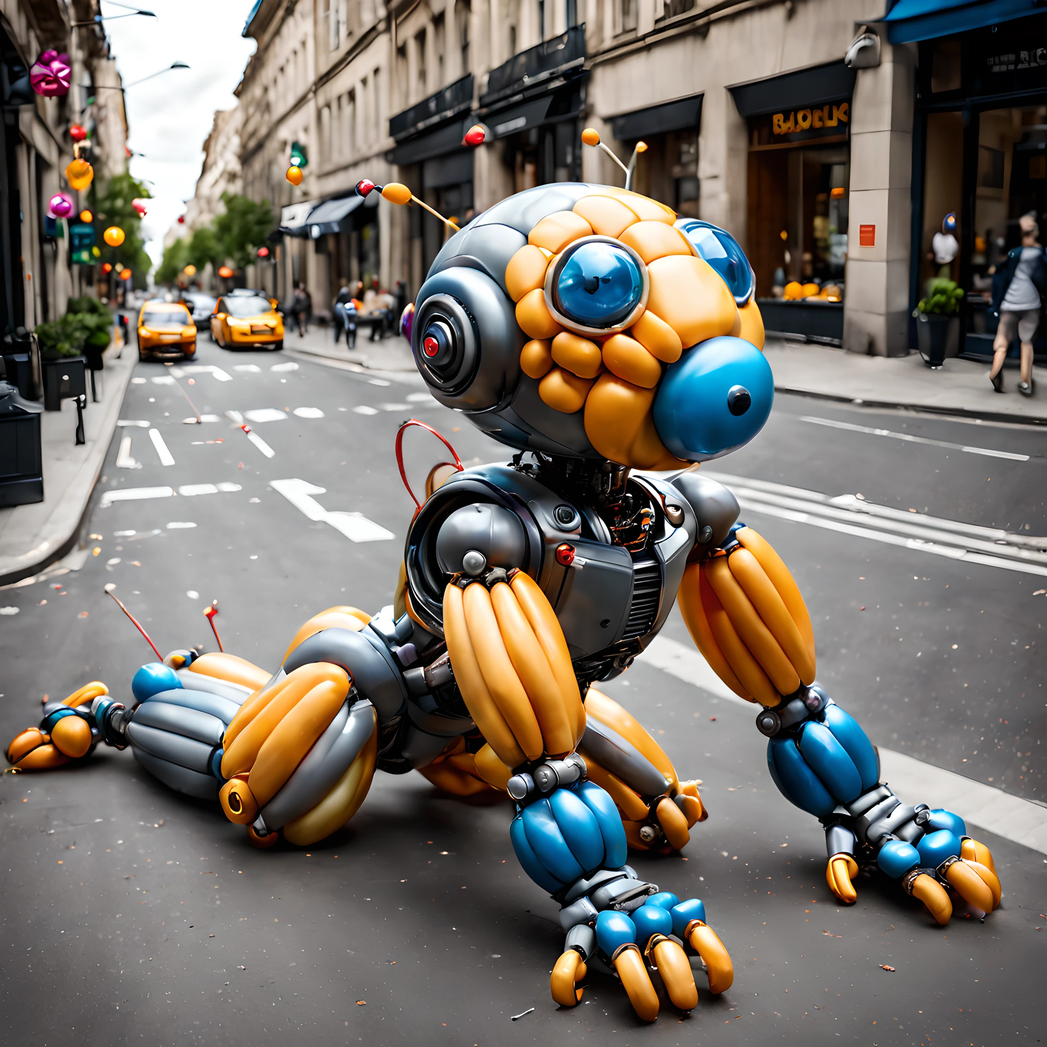 balloons, Balloons, made of balloons, Colorful Robot, running robot, colorful balloon robot, In the street, street made of balloons,