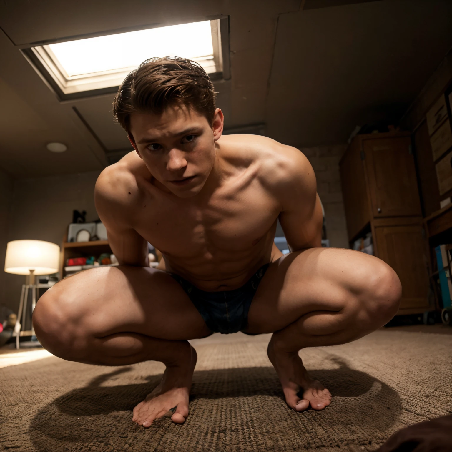 Submissive Tom Holland on his knees.